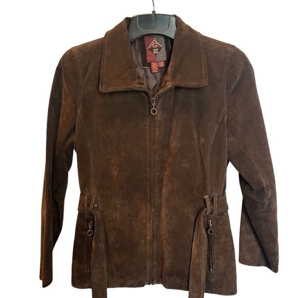 G III Women's Brown Suede Jacket Full Zip Lined Attached Belt Size Small Petite - Picture 1 of 11